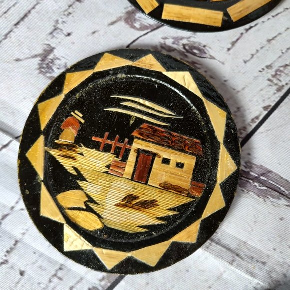 Japan Asian Wood Carved Coasters With Storage Box - Picture 7 of 14